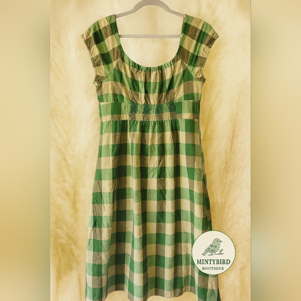 Tibi New York Garden Picnic Plaid Green Empire Cotton Silk Dress Sz 6 - Picture 6 of 6